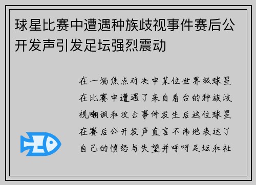 球星比赛中遭遇种族歧视事件赛后公开发声引发足坛强烈震动